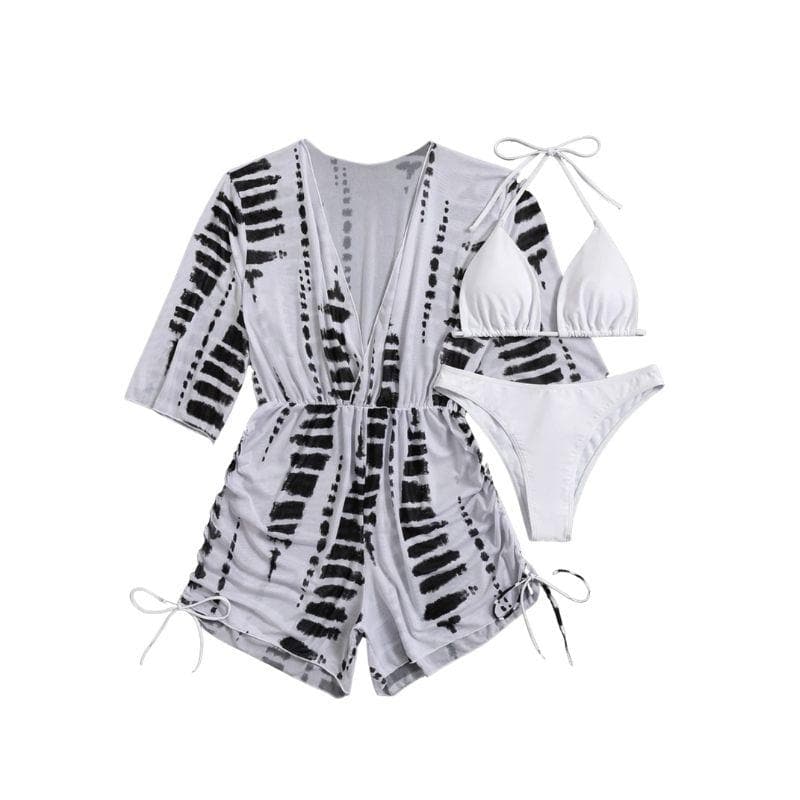 Mesh drawstring tie dye long sleeve halter 3 piece swimwear