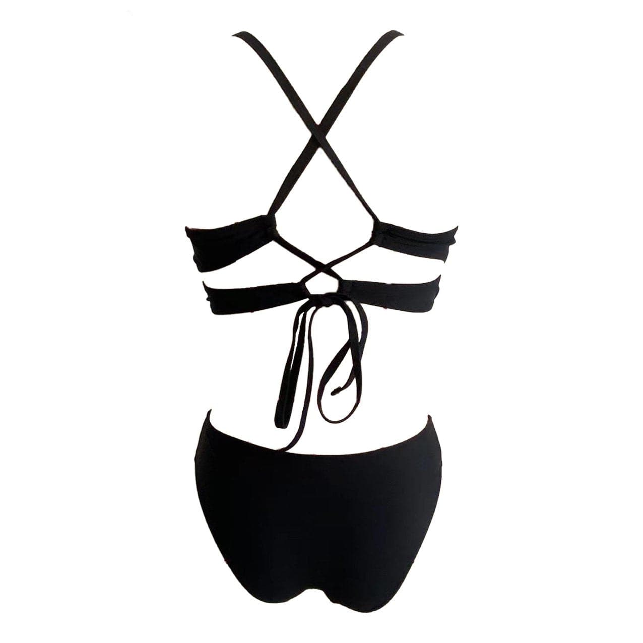 Solid hollow out cross back halter self tie bikini swimwear