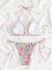 Gerüschter Neckholder-Bikini mit Blumenmuster zum Selbstbinden, rückenfrei