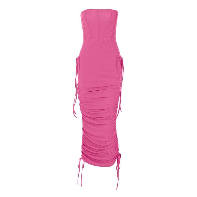 Ruched backless solid drawstring tube midi dress