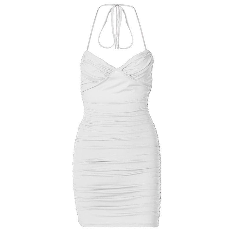 Sleeveless solid halter ruched backless self tie mini dress