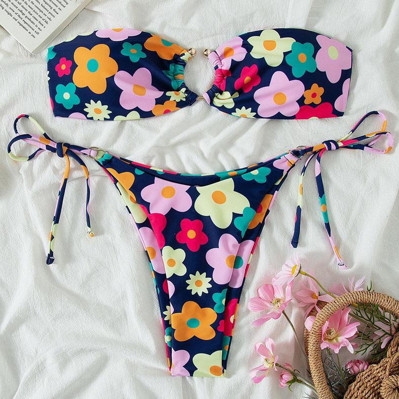 Flower pattern self tie o ring tube bikini swimwear