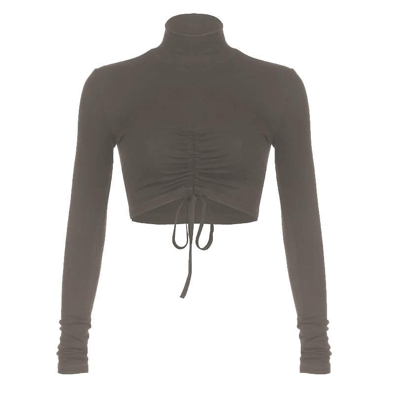 High neck long sleeve drawstring solid crop top