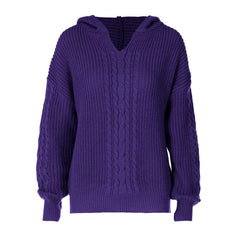 Hoodie long sleeve knitted solid v neck top