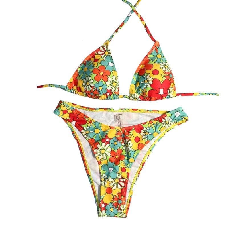 Contrast flower pattern halter self tie bikini swimwear