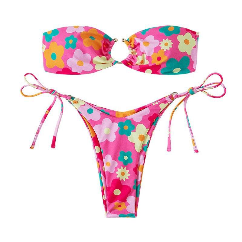 Traje de baño bikini de tubo con aro anudado y estampado floral 