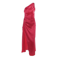 Slit solid satin one shoulder irregular ruched maxi dress