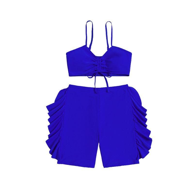 Ruffle drawstring solid cami bikini pant swimwear