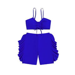 Ruffle drawstring solid cami bikini pant swimwear