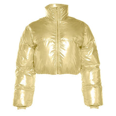 High neck metallic long sleeve zip-up solid metallic winter coat