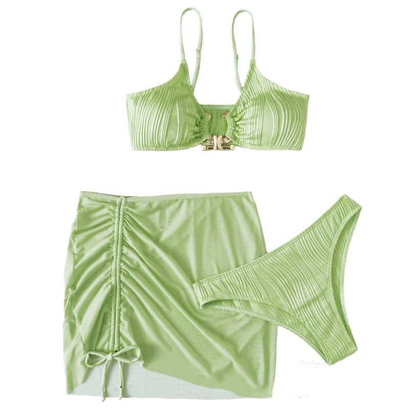 Solid textured o ring mesh ruched 3 piece swimwear