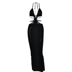 Hollow out self tie halter backless solid maxi dress