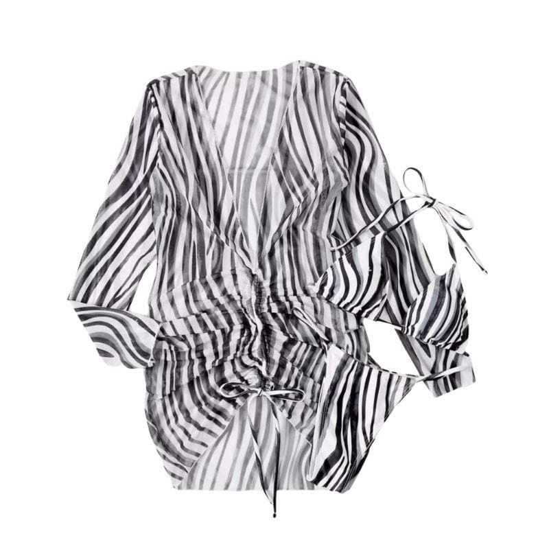 Zebra contrast long sleeve padded self tie 3 piece swimwear