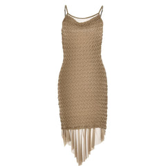 Textured mesh solid ruched irregular cami midi dress