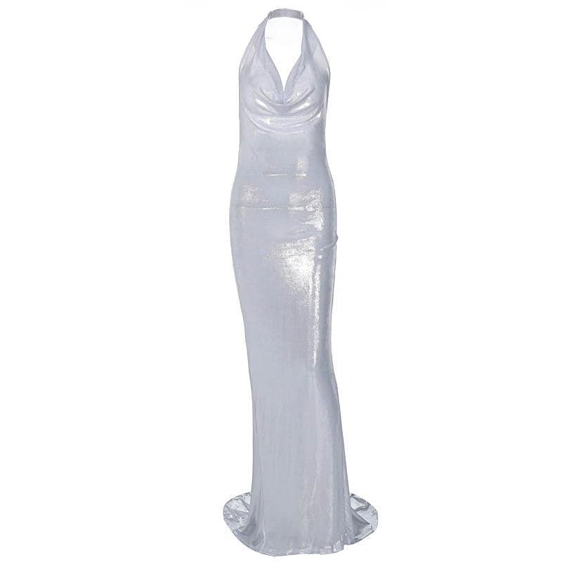 Rückenfreies Maxikleid mit Wasserfallausschnitt und Rüschen in Metallic-Optik und Neckholder