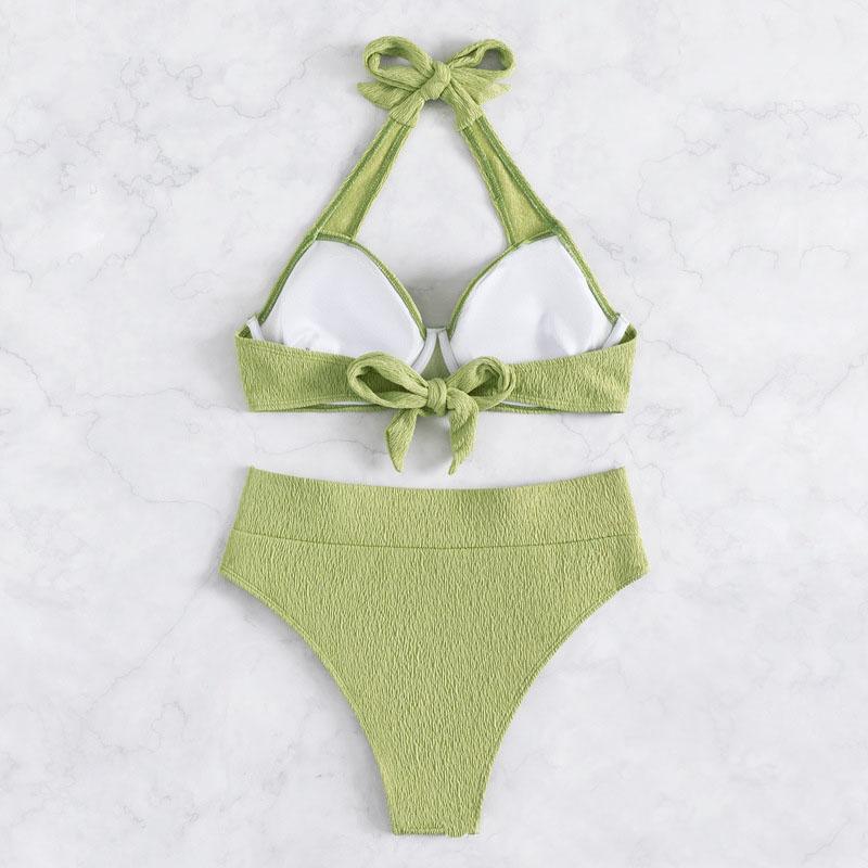 Traje de baño bikini con relleno, cuello halter y textura sólida con lazo anudado 