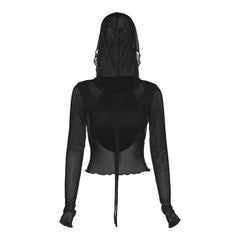 Long sleeve solid mesh hoodie self tie hollow out crop top