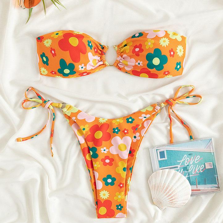 Bikini-Bademode mit Blumenmuster und O-Ring zum Selbstbinden