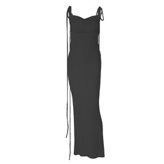 Ruched solid lace up backless cowl neck maxi dress