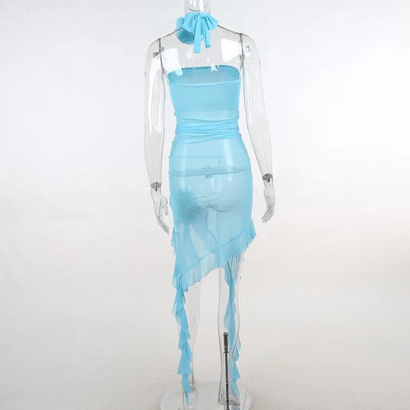 Minivestido de malla transparente con abertura sólida y apliques de flores