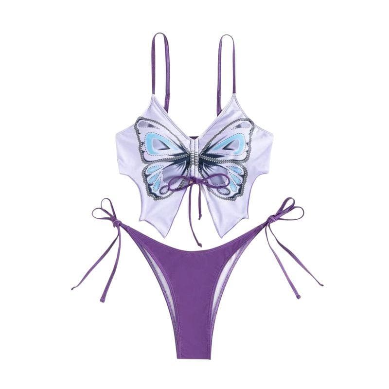 Traje de baño tipo bikini de tirantes con cordón ajustable en contraste y estampado de mariposas 