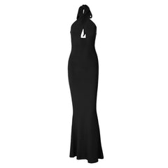 Cross front solid hollow out halter backless 2-way maxi dress