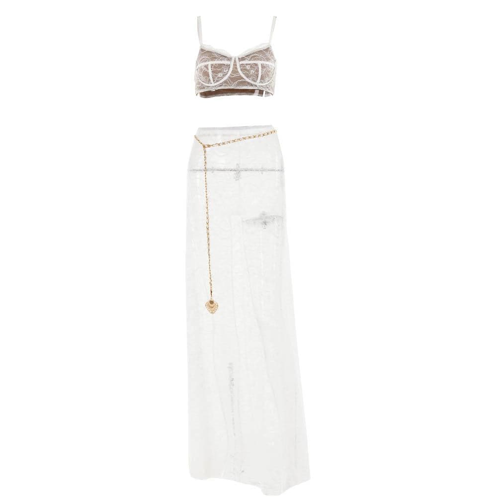 Lace see through v neck contrast cami maxi skirt set