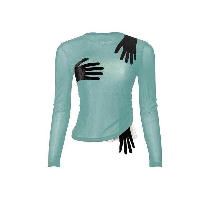 Mesh palm patchwork long sleeve crewneck top