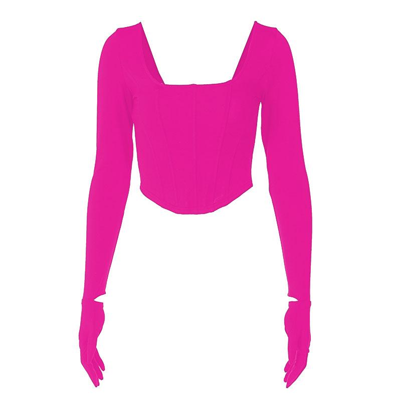 Long sleeve solid u neck gloves crop top