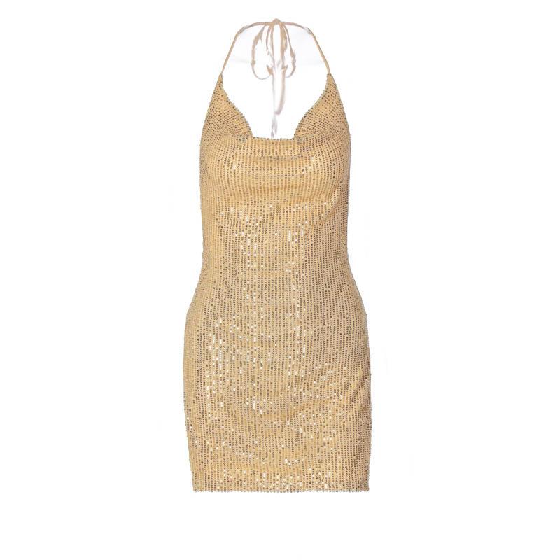 Glitzerndes rückenfreies Minikleid mit Wasserfallausschnitt, Neckholder und Schlitz