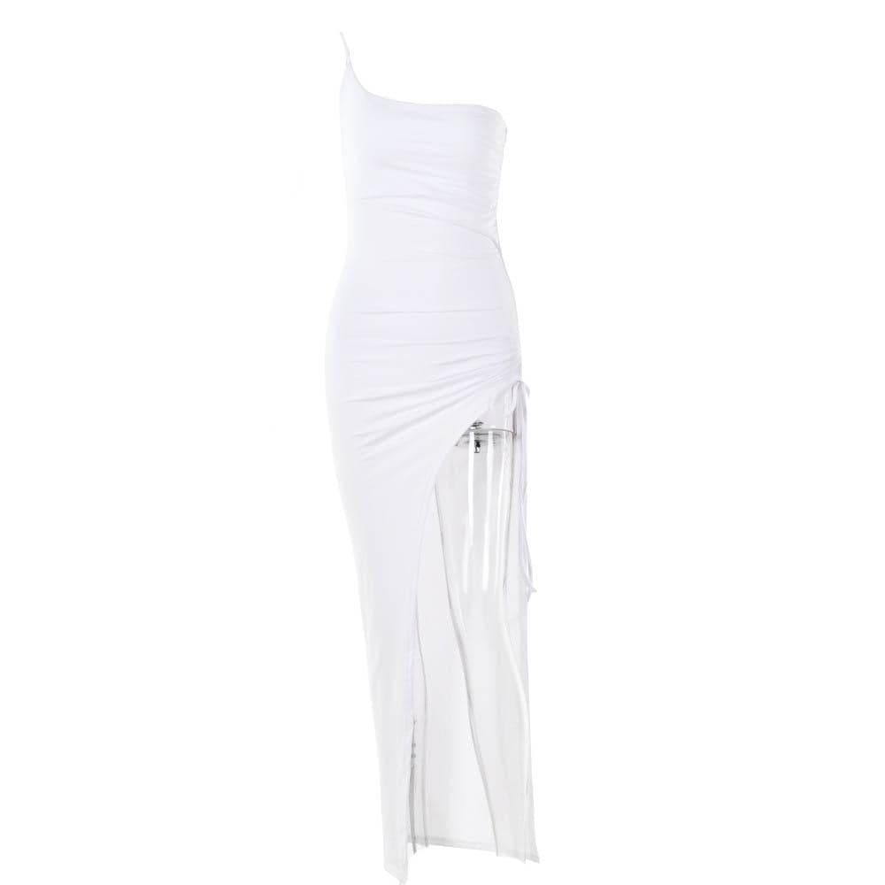 One shoulder irregular self tie solid slit ruched maxi dress