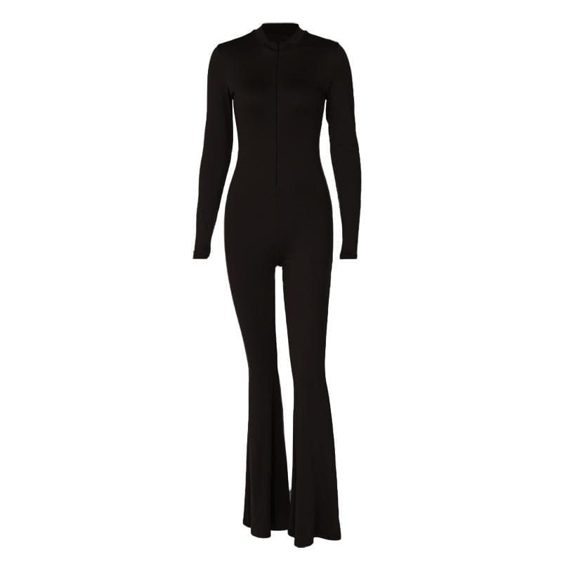 Long sleeve zip-up high neck solid flared jumpsuit