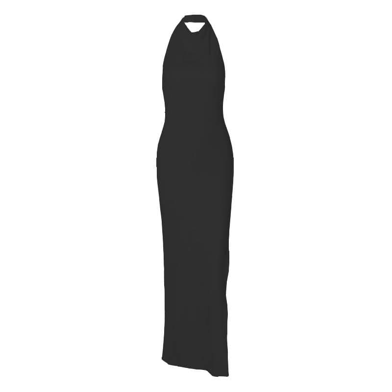 Ärmelloses, rückenfreies, gerüschtes Maxikleid mit Neckholder und Schlitz