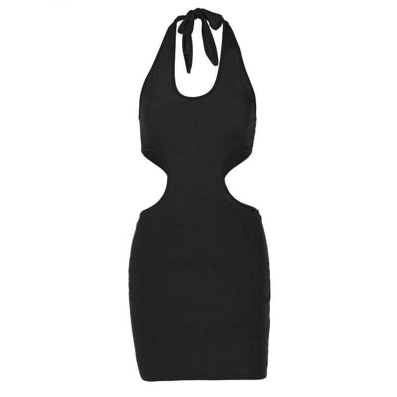 Ärmelloses, einfarbiges Neckholder-Minikleid mit V-Ausschnitt und selbstbindendem, rückenfreiem, ausgehöhltem Design