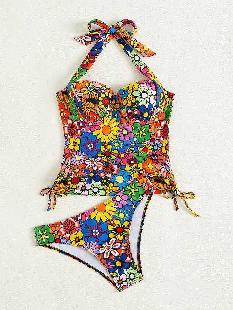 Traje de baño bikini con cuello halter, relleno y lazo anudado con estampado floral en contraste