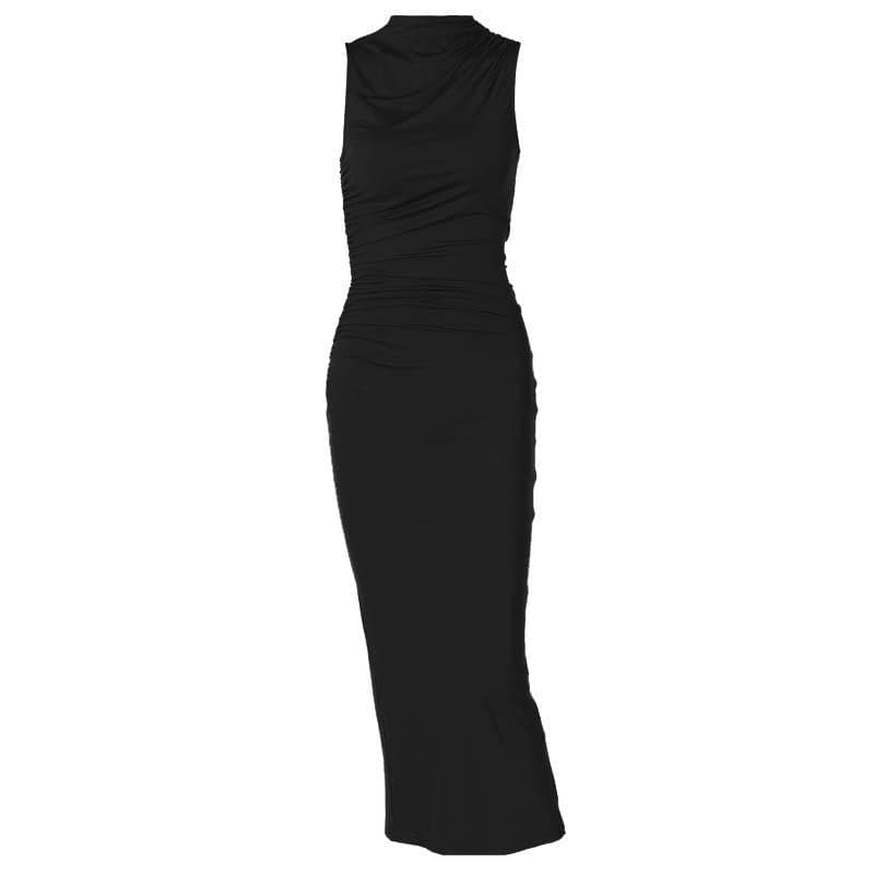 Turtle neck ruched solid sleeveless slit midi dress