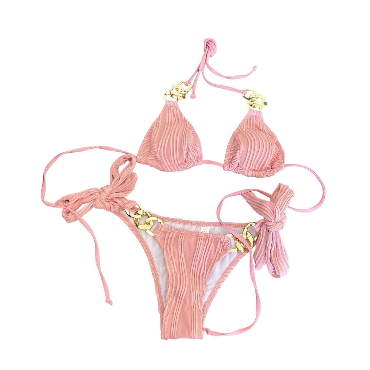 Neckholder-Bikini mit strukturierter Metallkette zum Selbstbinden, rückenfrei, einfarbig