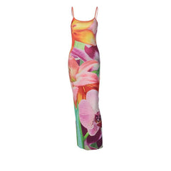 Flower print contrast u neck backless slit cami maxi dress