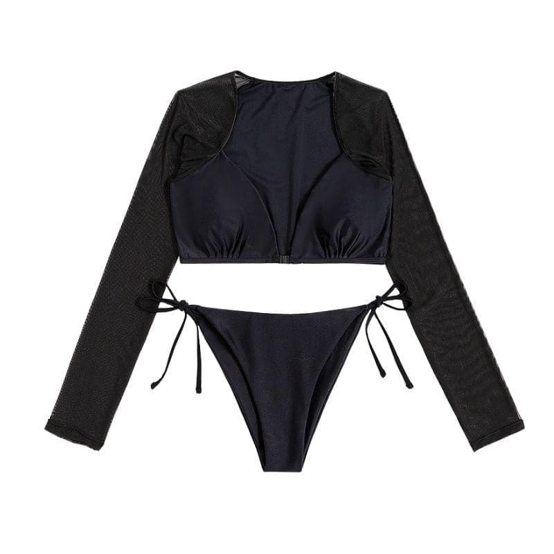 Mesh solid mesh long sleeve bikini swimwear