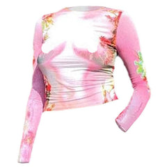 Long sleeve crewneck flower body print contrast top