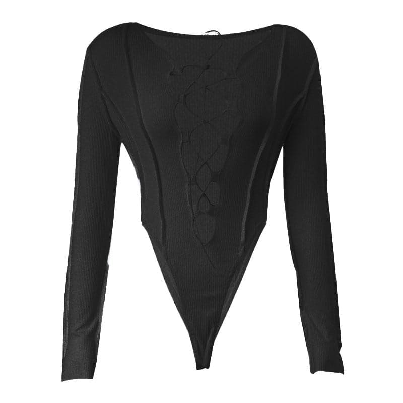 Hollow out solid long sleeve button lace up bodysuit