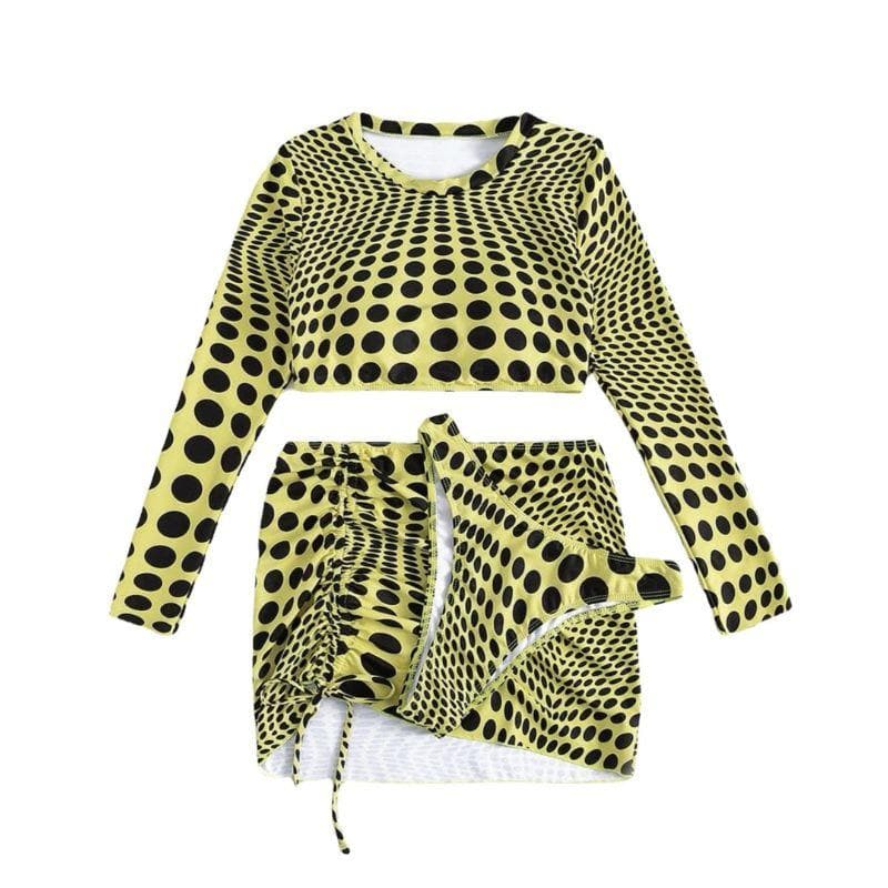 Polka dot contrast long sleeve drawstring 3 piece swimwear