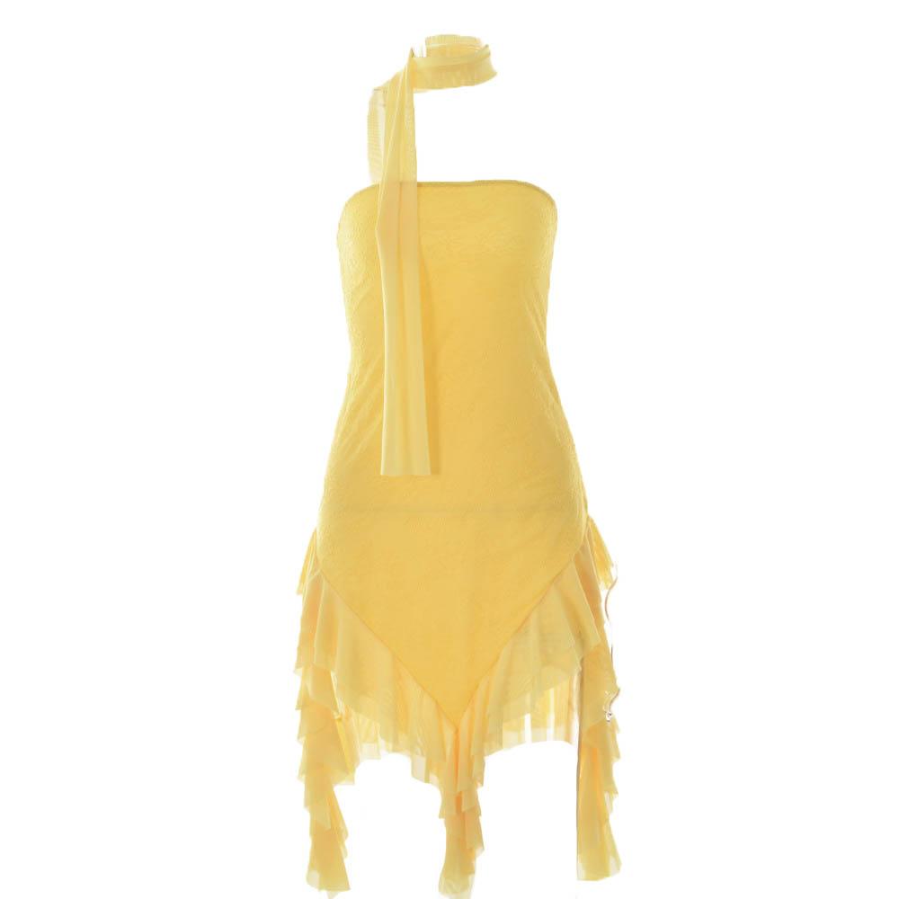 Mesh ruffle ribbon irregular solid backless tube mini dress