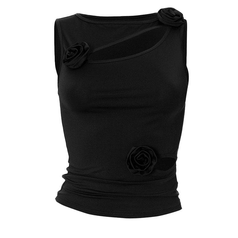 Hollow out crewneck sleeveless flower applique solid top - Final Sale