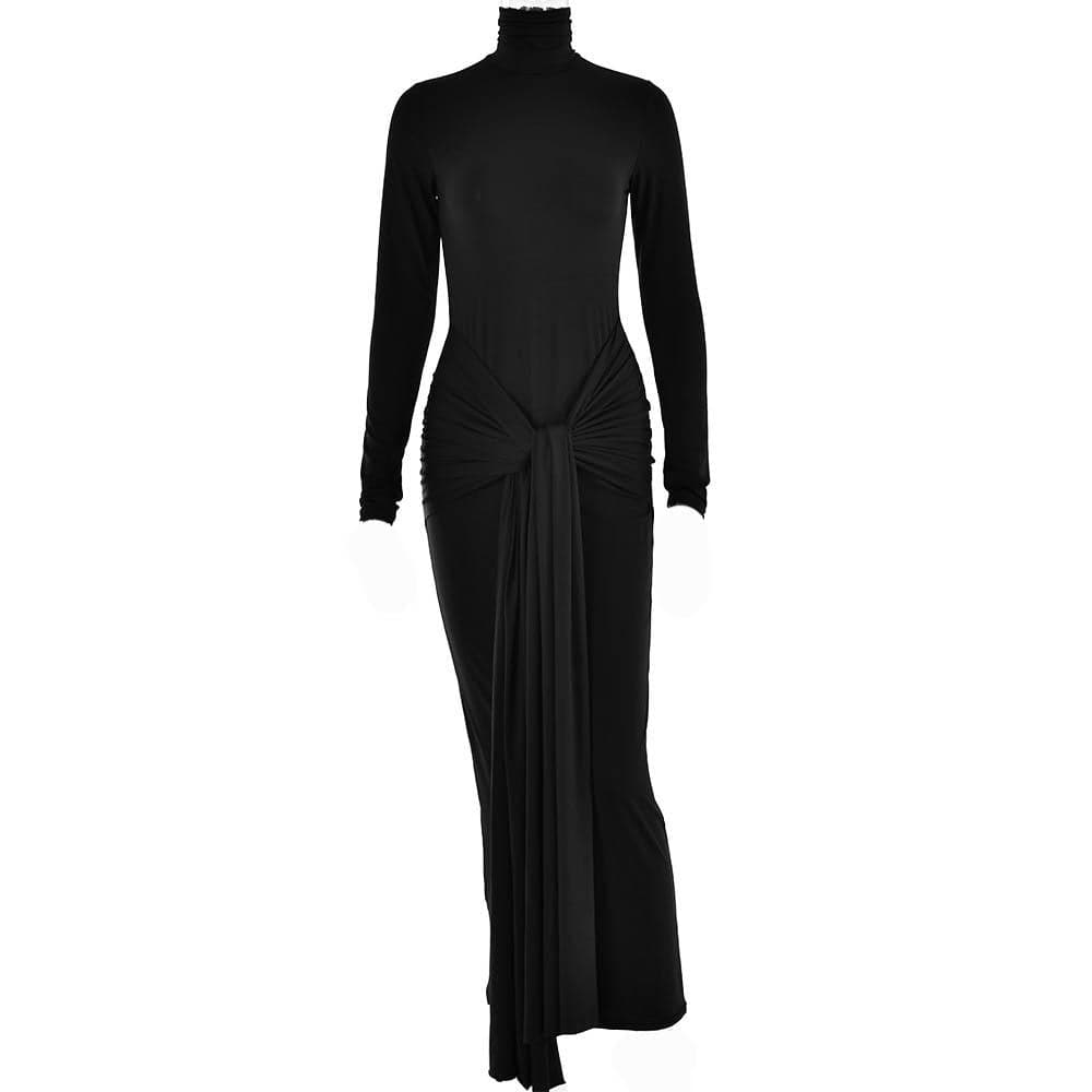 Ruched solid long sleeve turtle neck self tie maxi dress