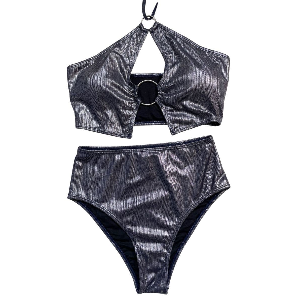 Halter hollow out metallic o ring self tie bikini swimwear