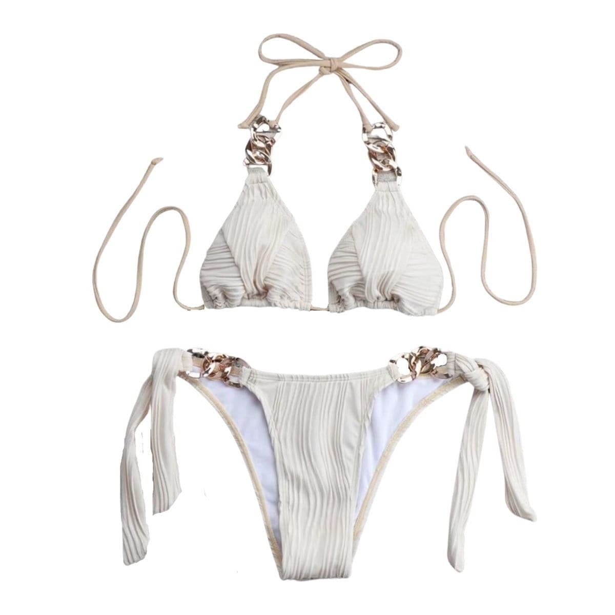 Neckholder-Bikini mit strukturierter Metallkette zum Selbstbinden, rückenfrei, einfarbig