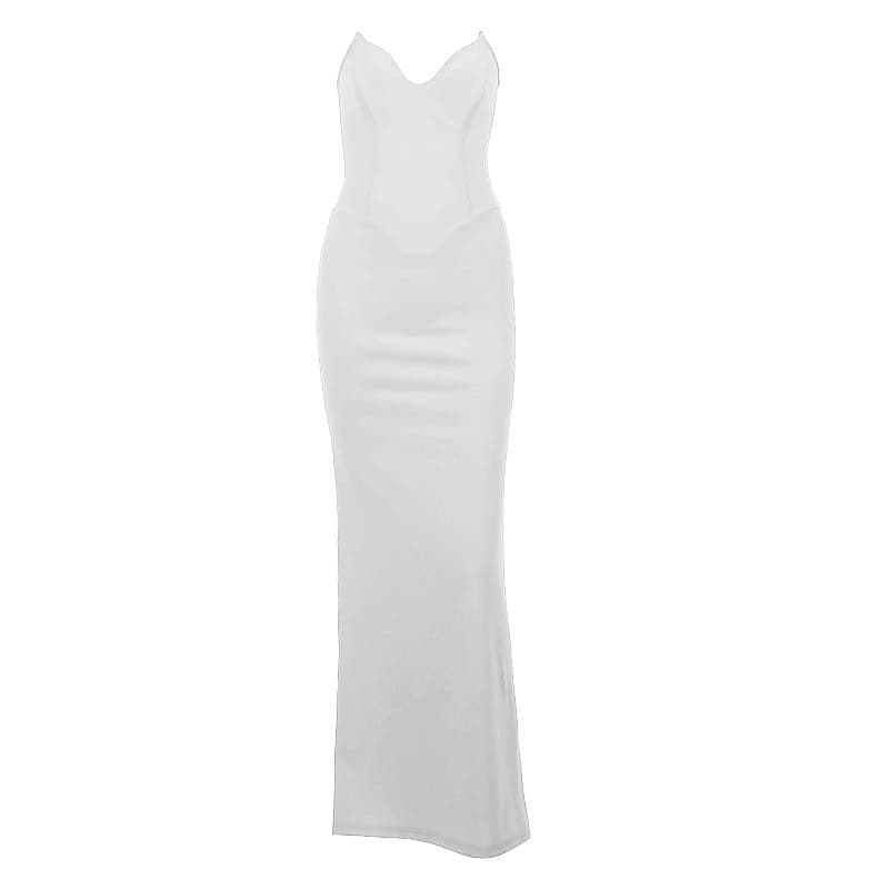 Zip-up solid v neck backless slit tube maxi dress