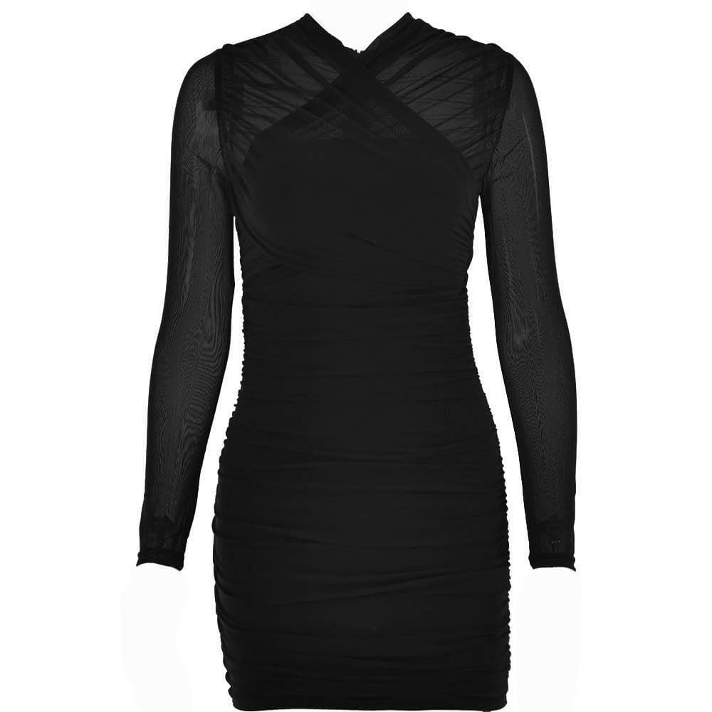 Cross front mesh ruched zip-up long sleeve solid mini dress