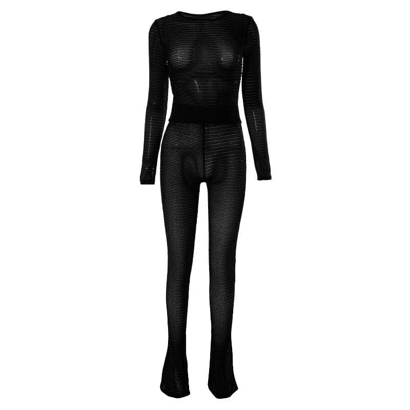 Long sleeve textured crewneck see through solid pant set